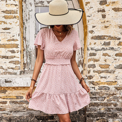 Floral A-Line Mini Dress with V-Neck and Lotus Leaf Sleeves