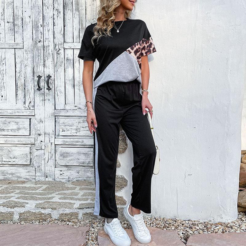 Color-Block Leopard Print Two-Piece Set with Side-Stripe Trousers