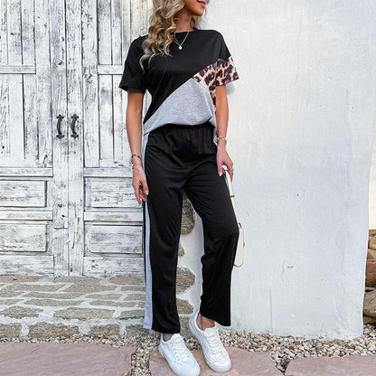 Color-Block Leopard Print Two-Piece Set with Side-Stripe Trousers