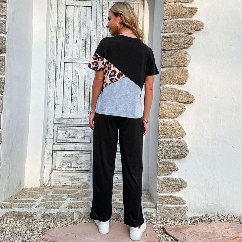 Color-Block Leopard Print Two-Piece Set with Side-Stripe Trousers