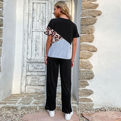 Color-Block Leopard Print Two-Piece Set with Side-Stripe Trousers