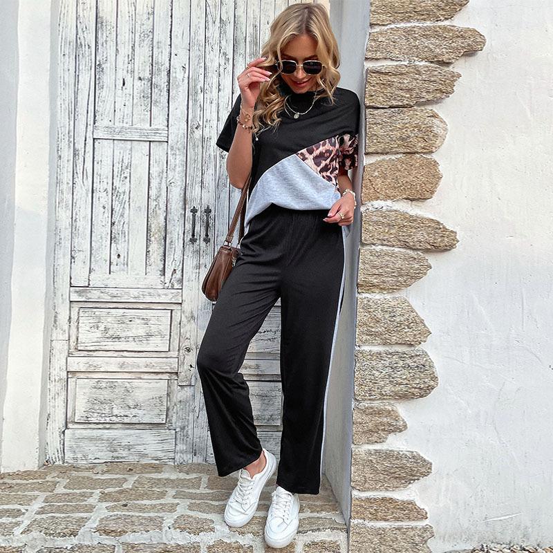 Color-Block Leopard Print Two-Piece Set with Side-Stripe Trousers