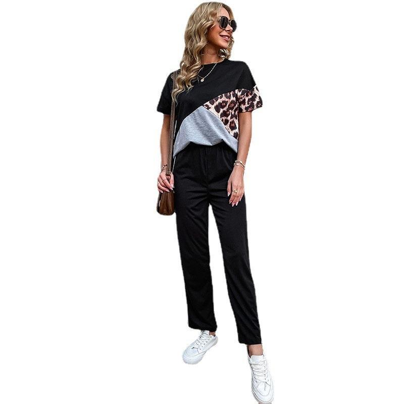Color-Block Leopard Print Two-Piece Set with Side-Stripe Trousers