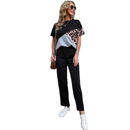 Color-Block Leopard Print Two-Piece Set with Side-Stripe Trousers