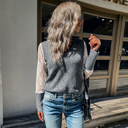V-Neck Argyle Knit Pullover with Lace Patchwork Sleeves