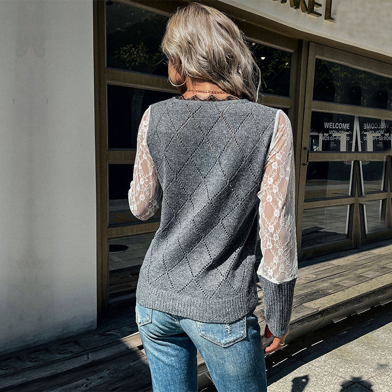 V-Neck Argyle Knit Pullover with Lace Patchwork Sleeves