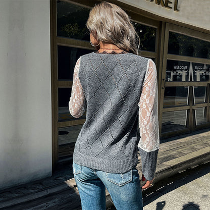 V-Neck Argyle Knit Pullover with Lace Patchwork Sleeves