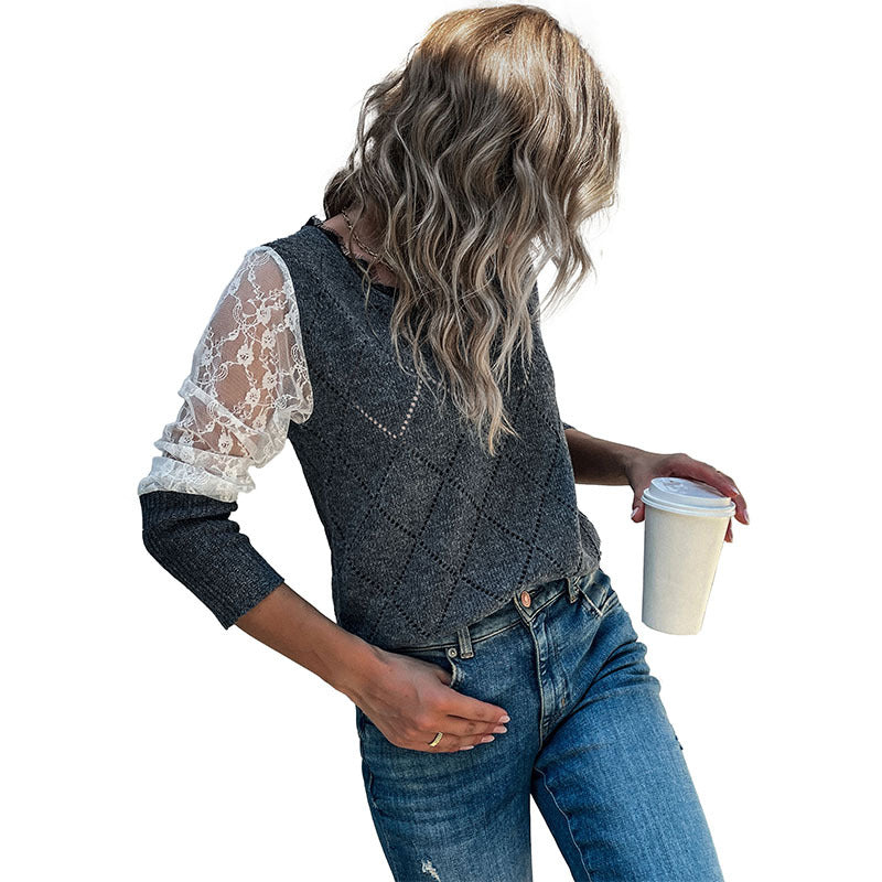 V-Neck Argyle Knit Pullover with Lace Patchwork Sleeves