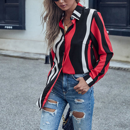 Oversized Striped Button-Down Shirt with Turn-Down Collar