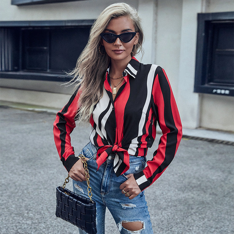 Oversized Striped Button-Down Shirt with Turn-Down Collar