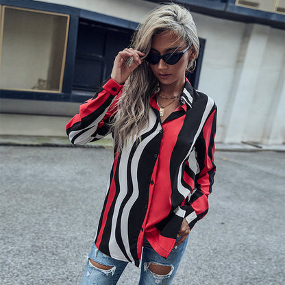 Oversized Striped Button-Down Shirt with Turn-Down Collar
