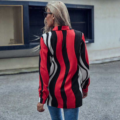 Oversized Striped Button-Down Shirt with Turn-Down Collar