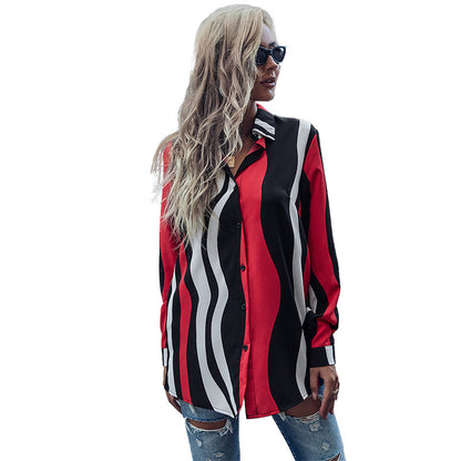 Oversized Striped Button-Down Shirt with Turn-Down Collar