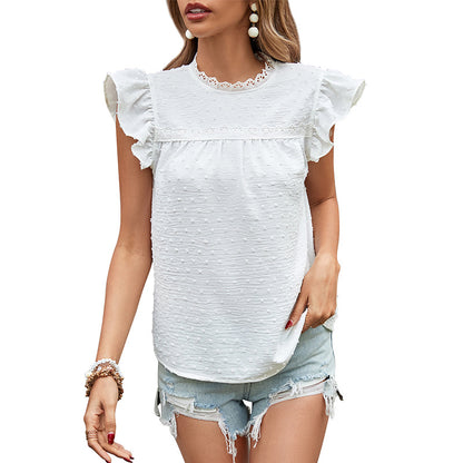 Solid Ruffle Sleeve Blouse with Lace Trim Collar