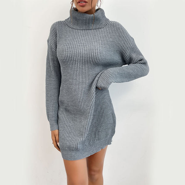 Oversized Ribbed Knit Sweater Dress with Turtleneck