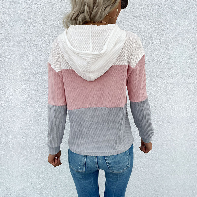 Color-Blocked Waffle Knit Hoodie with Long Sleeves