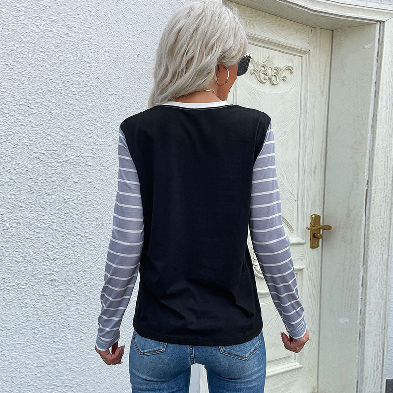 Color Block Long-Sleeve Top with Leopard Print & Stripes
