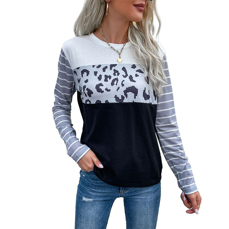 Color Block Long-Sleeve Top with Leopard Print & Stripes