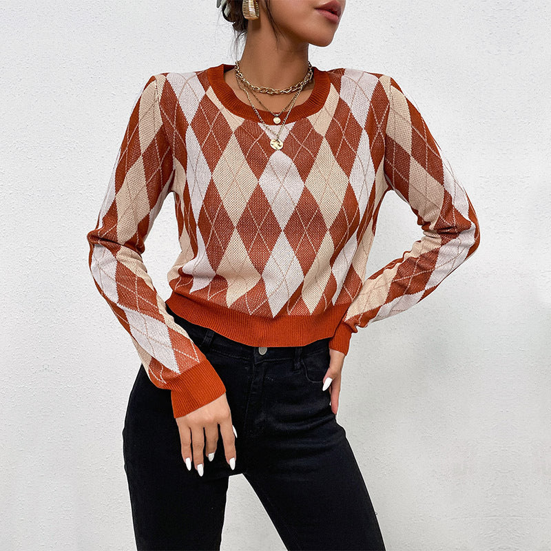 Argyle Cropped Knit Pullover with Crewneck and Long Sleeves