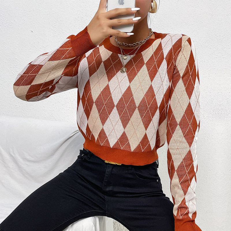 Argyle Cropped Knit Pullover with Crewneck and Long Sleeves