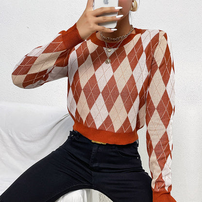 Argyle Cropped Knit Pullover with Crewneck and Long Sleeves