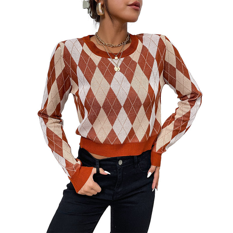Argyle Cropped Knit Pullover with Crewneck and Long Sleeves