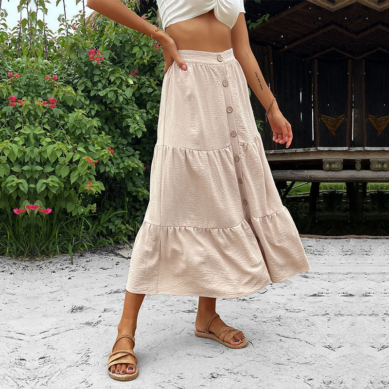 Tiered A-Line Midi Skirt with Button Front