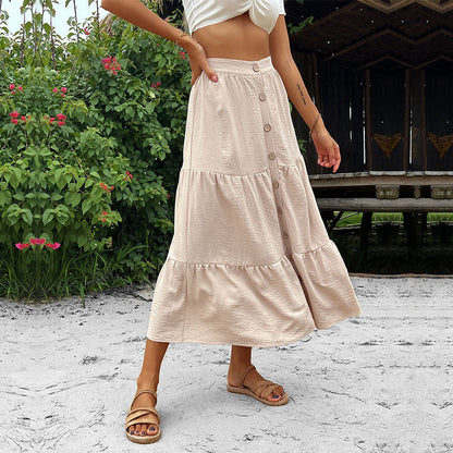 Tiered A-Line Midi Skirt with Button Front