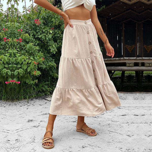 Tiered A-Line Midi Skirt with Button Front
