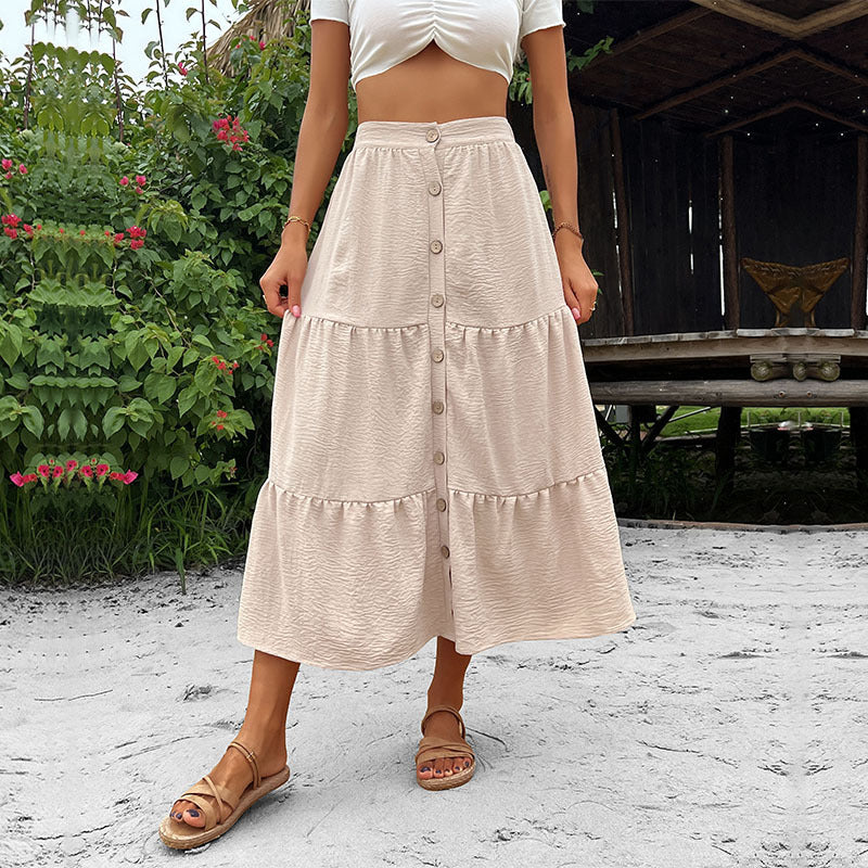 Tiered A-Line Midi Skirt with Button Front