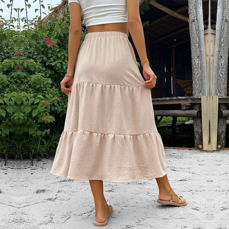 Tiered A-Line Midi Skirt with Button Front