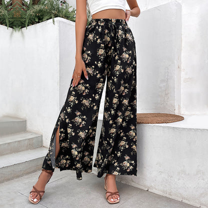 Floral Print Wide-Leg Pants with Split Hem
