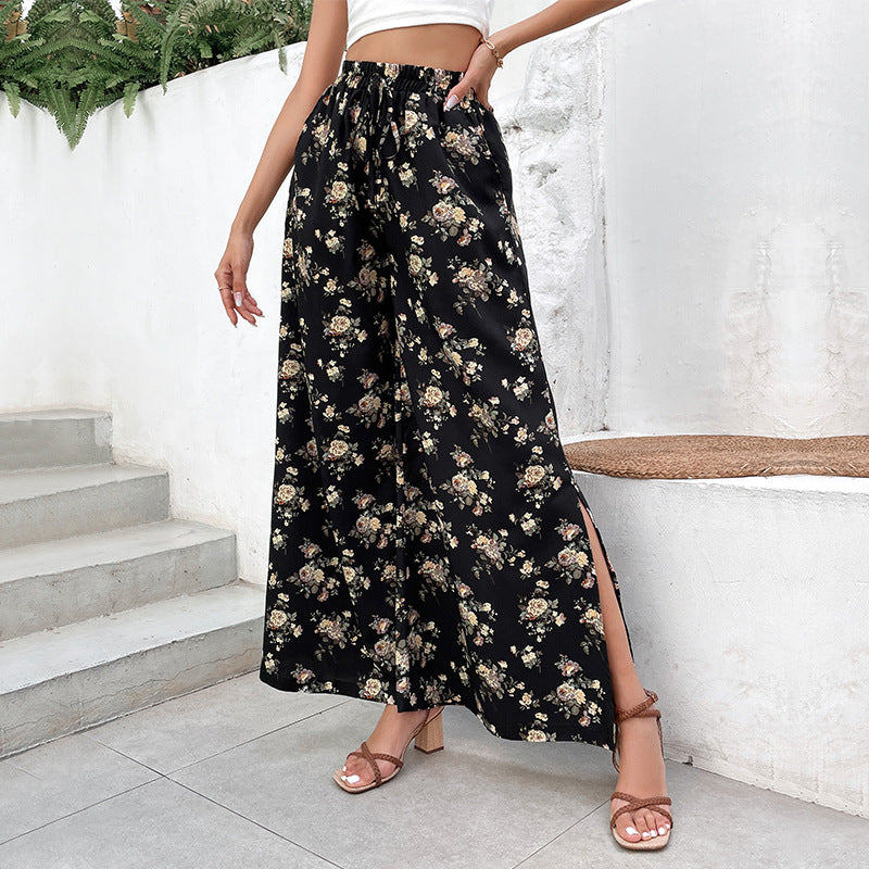Floral Print Wide-Leg Pants with Split Hem