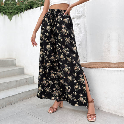 Floral Print Wide-Leg Pants with Split Hem