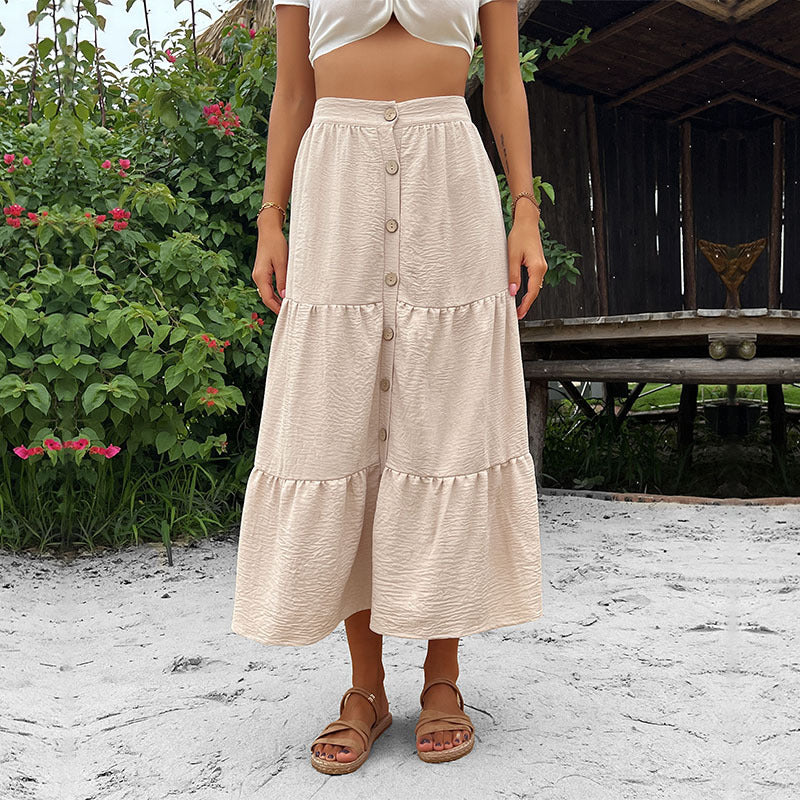 Tiered A-Line Midi Skirt with Button Front