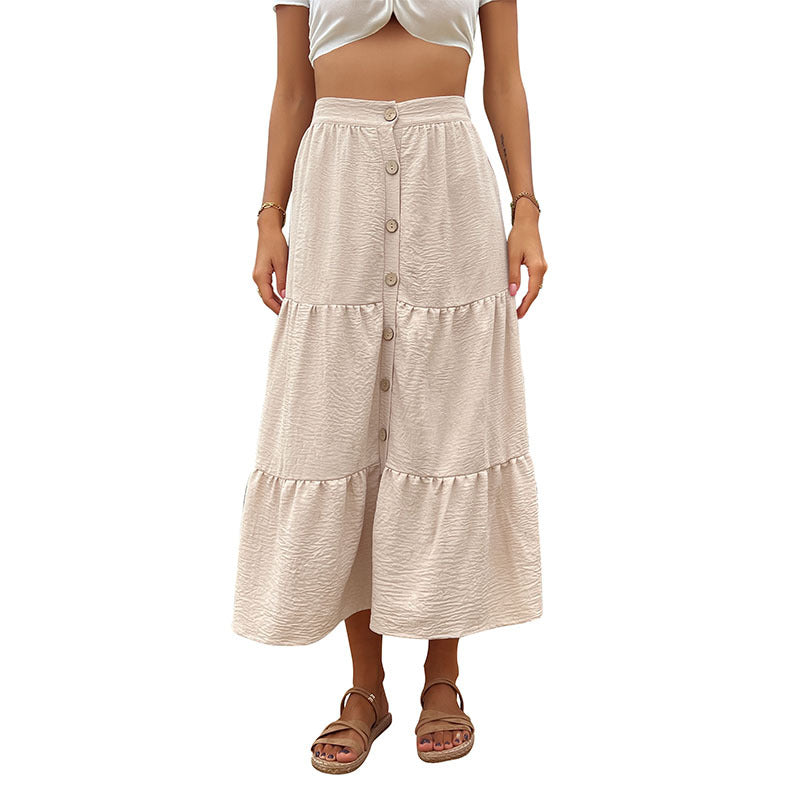 Tiered A-Line Midi Skirt with Button Front