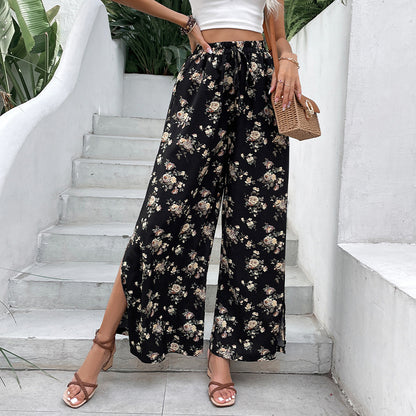 Floral Print Wide-Leg Pants with Split Hem