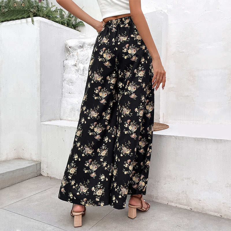 Floral Print Wide-Leg Pants with Split Hem