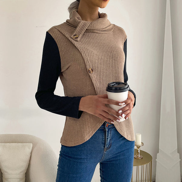 Solid Ribbed Knit Top with Stacked Collar and Asymmetrical Button Front