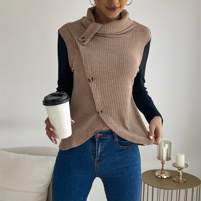 Solid Ribbed Knit Top with Stacked Collar and Asymmetrical Button Front