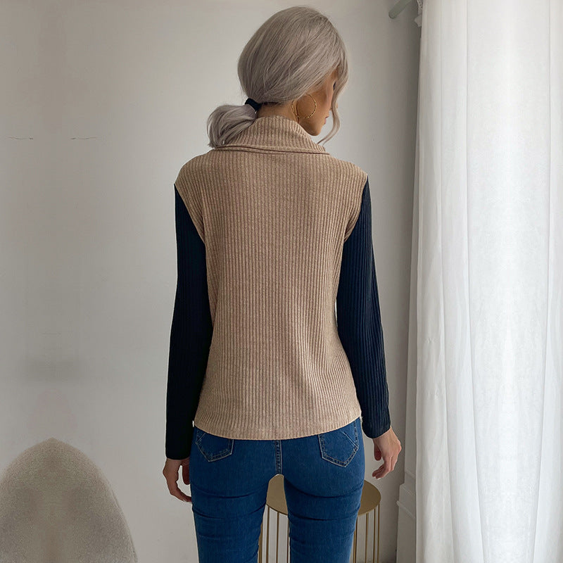 Solid Ribbed Knit Top with Stacked Collar and Asymmetrical Button Front