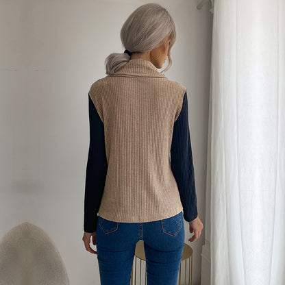 Solid Ribbed Knit Top with Stacked Collar and Asymmetrical Button Front