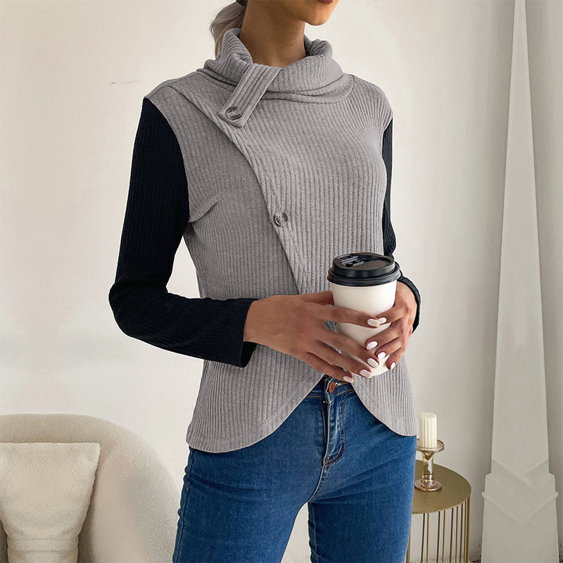 Solid Ribbed Knit Top with Stacked Collar and Asymmetrical Button Front