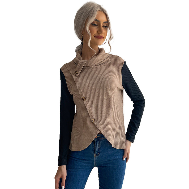 Solid Ribbed Knit Top with Stacked Collar and Asymmetrical Button Front