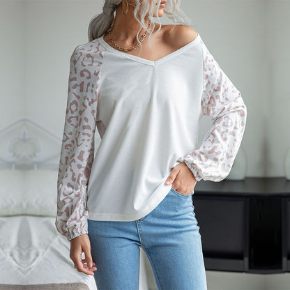 Leopard Print Raglan Sleeve Waffle Knit Top with V-Neck