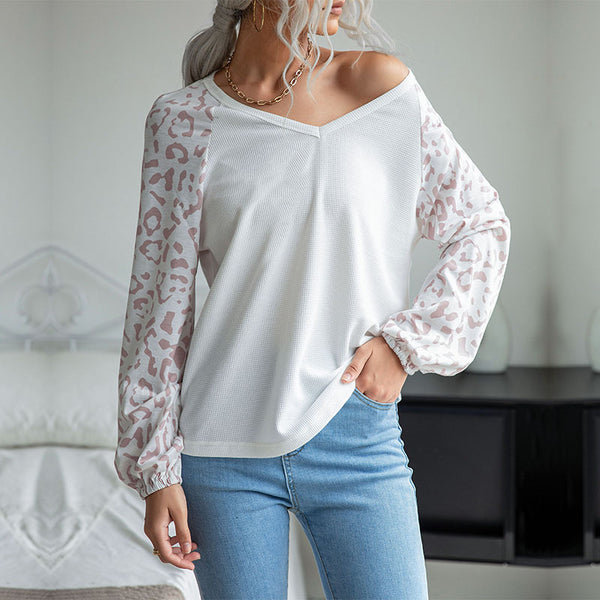 Leopard Print Raglan Sleeve Waffle Knit Top with V-Neck