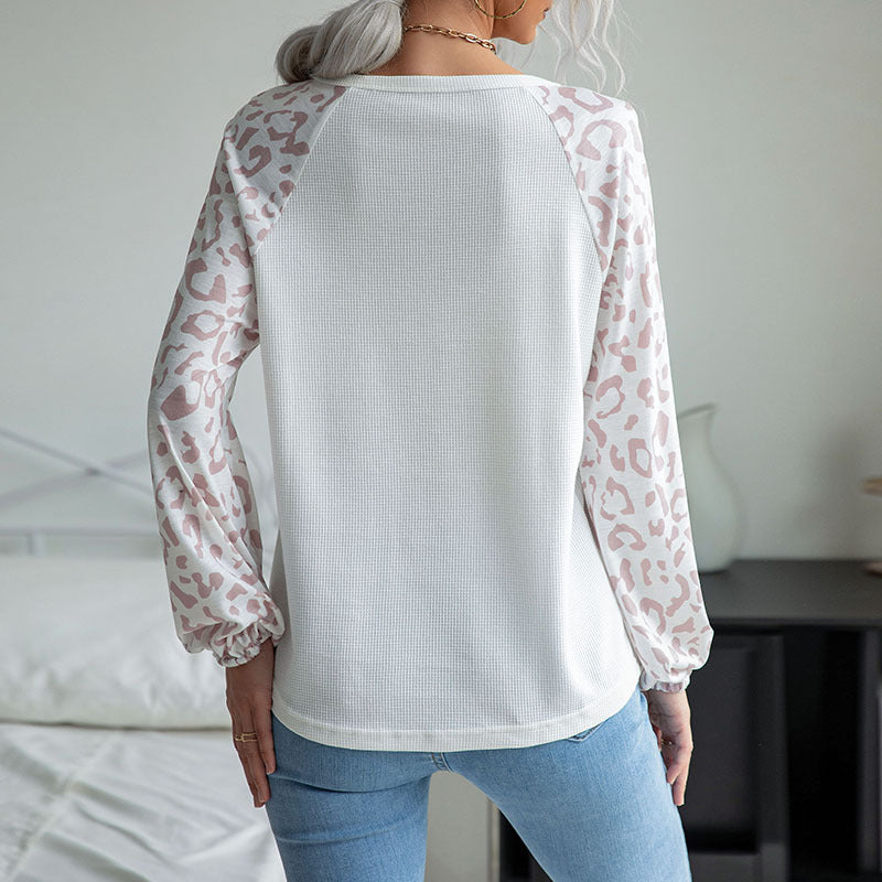 Leopard Print Raglan Sleeve Waffle Knit Top with V-Neck