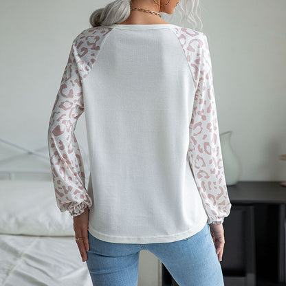 Leopard Print Raglan Sleeve Waffle Knit Top with V-Neck