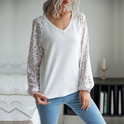 Leopard Print Raglan Sleeve Waffle Knit Top with V-Neck