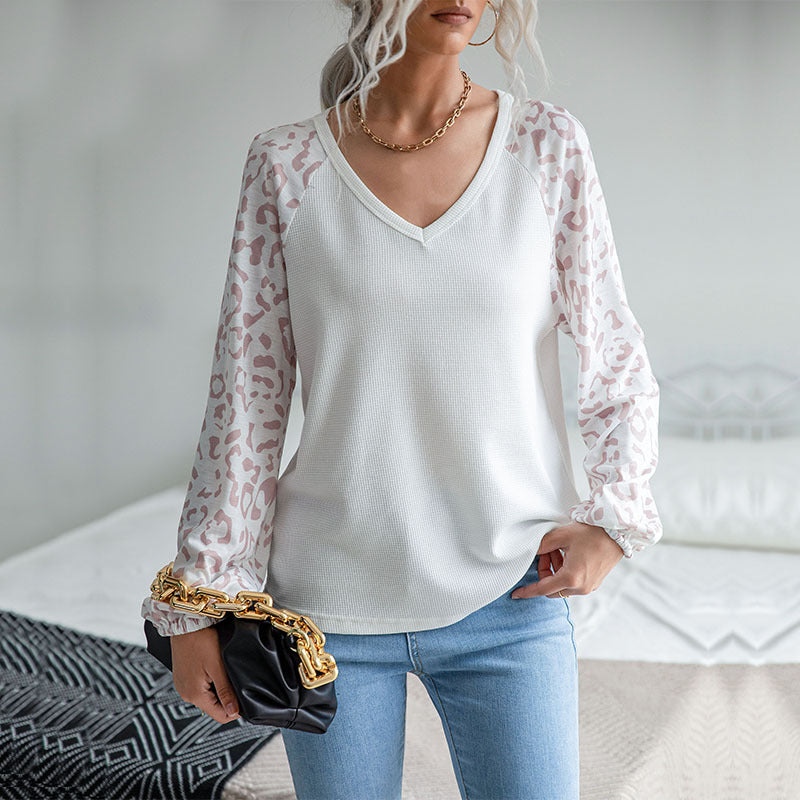 Leopard Print Raglan Sleeve Waffle Knit Top with V-Neck